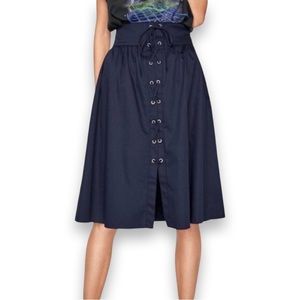 NWOT - Zara Lace Up Navy Full Midi Skirt - Size Small